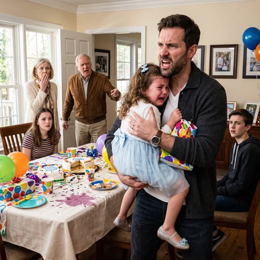 At my husband’s birthday dinner, his mother shoved my 7-year-old daughter out of the room for his “real children”—but what my husband said next made his entire family freeze.