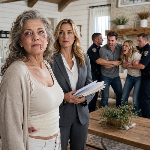 My daughter-in-law's smile vanished the moment I said the farm money would be for my retirement. "You selfish old woman!" she shrieked, snatching the papers from my hand. My son burst through the door, his eyes wide with rage, and shoved me so hard my ribs broke from the impact on the table. As I lay gasping for breath on the floor, he whispered, "Mother, you should have listened to me." Twenty minutes later, the police arrived—with my lawyer following behind.
