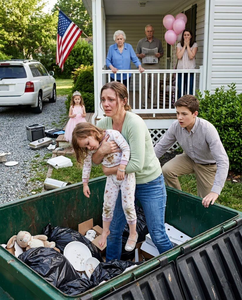 Right before my engagement party, my parents and sister THREW MY 4-YEAR-OLD DAUGHTER INTO A TRASH CAN to make room for their “PERFECT” NIECE’S BIRTHDAY CELEBRATION. I thought they just resented my child… until the lid opened and what I saw exposed a HORRIFYING FAMILY SECRET. By the end of the night, the party was ruined — and my entire family was heading toward JAIL.