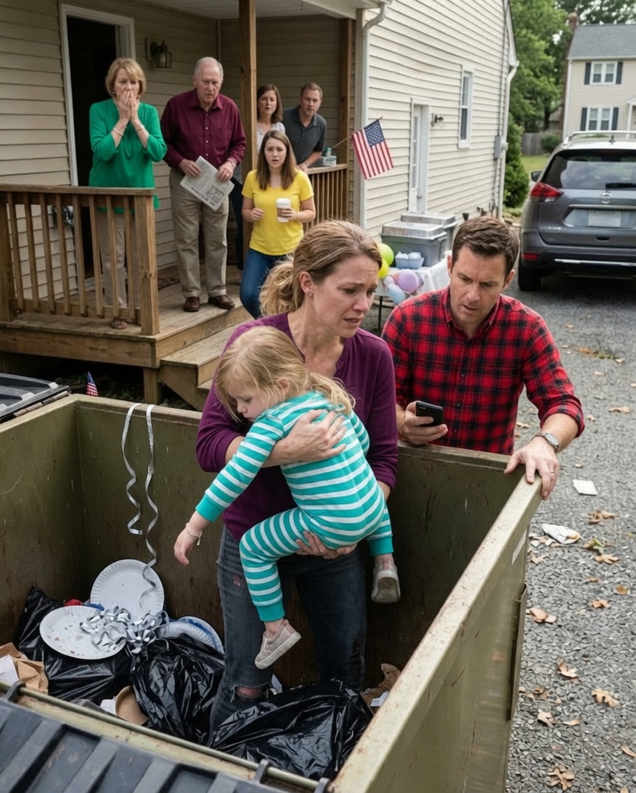 Right before my engagement party, my parents and sister THREW MY 4-YEAR-OLD DAUGHTER INTO A TRASH CAN to make room for their “PERFECT” NIECE’S BIRTHDAY CELEBRATION. I thought they just resented my child… until the lid opened and what I saw exposed a HORRIFYING FAMILY SECRET. By the end of the night, the party was ruined — and my entire family was heading toward JAIL.