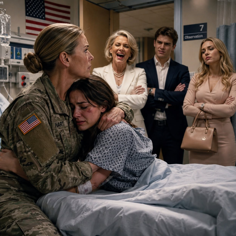 I found my daughter trembling beneath a hospital blanket while her millionaire in-laws smiled and told me, “Your rank doesn’t impress us.”