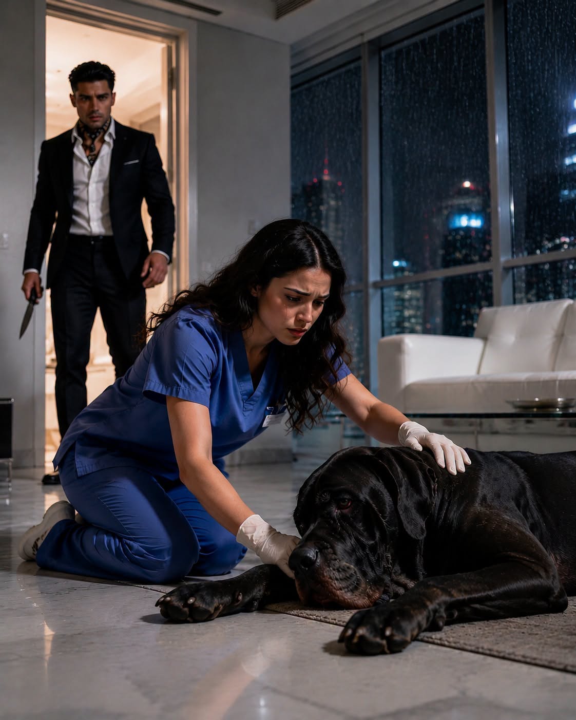 Five famous veterinarians failed to make the 150-pound Mastiff eat, but when a bruised cleaning girl whispered one word, the Mafia boss watching from the darkness made a terrifying decision.