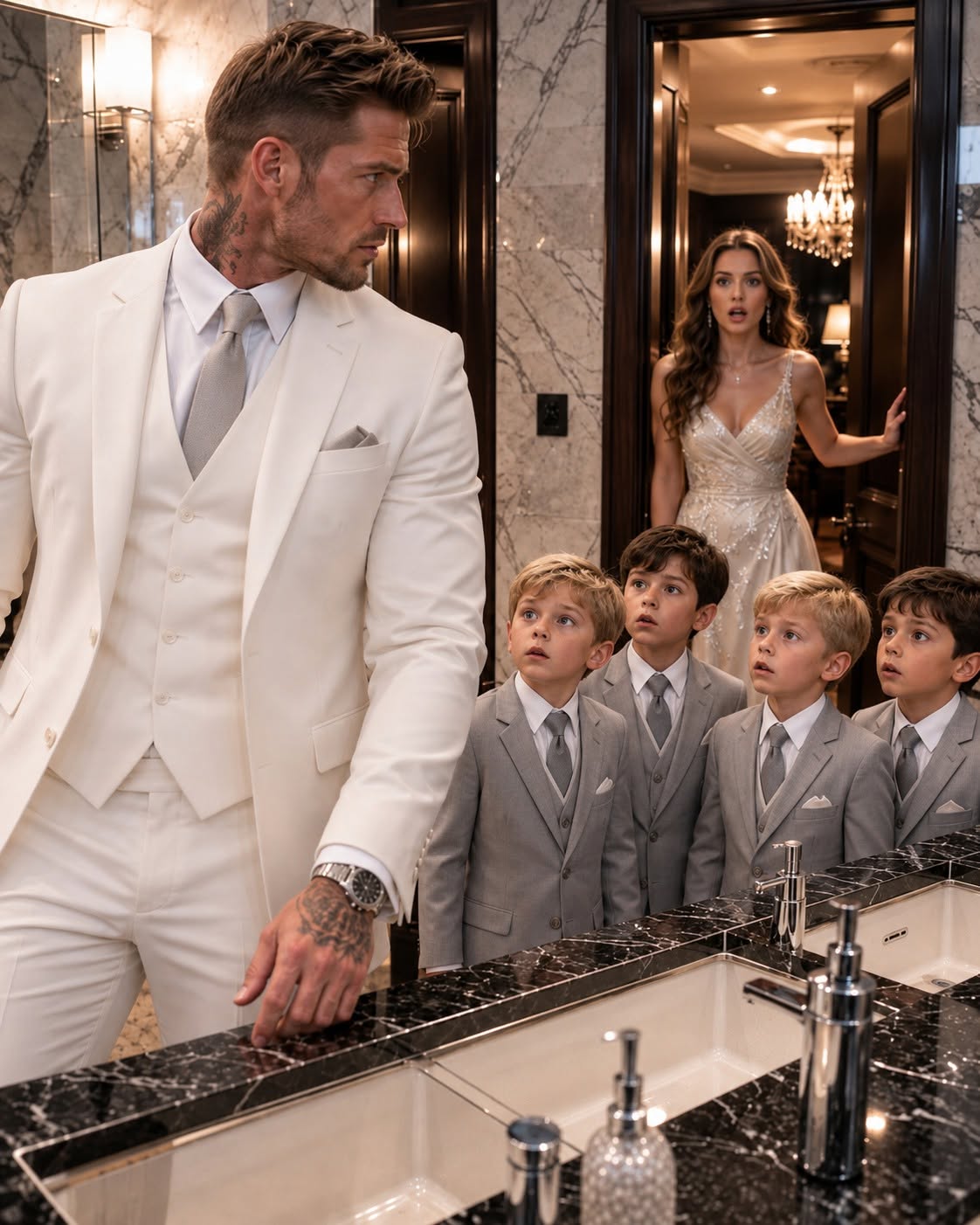 I was carrying an engagement ring for another woman when four identical little boys looked into the mirror beside me and asked, “Mister, why are you copying us?”