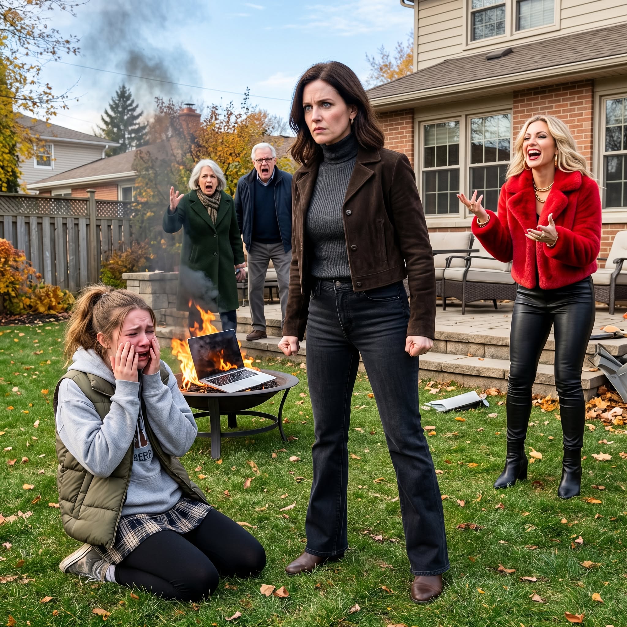 My sister threw my daughter’s laptop into the fire while our parents stood there approving it, and her cruel laughter cut through me as the screen melted. I wanted to scream, but instead I smiled, because they had no idea I was about to destroy their perfect little family lie with quiet precision.