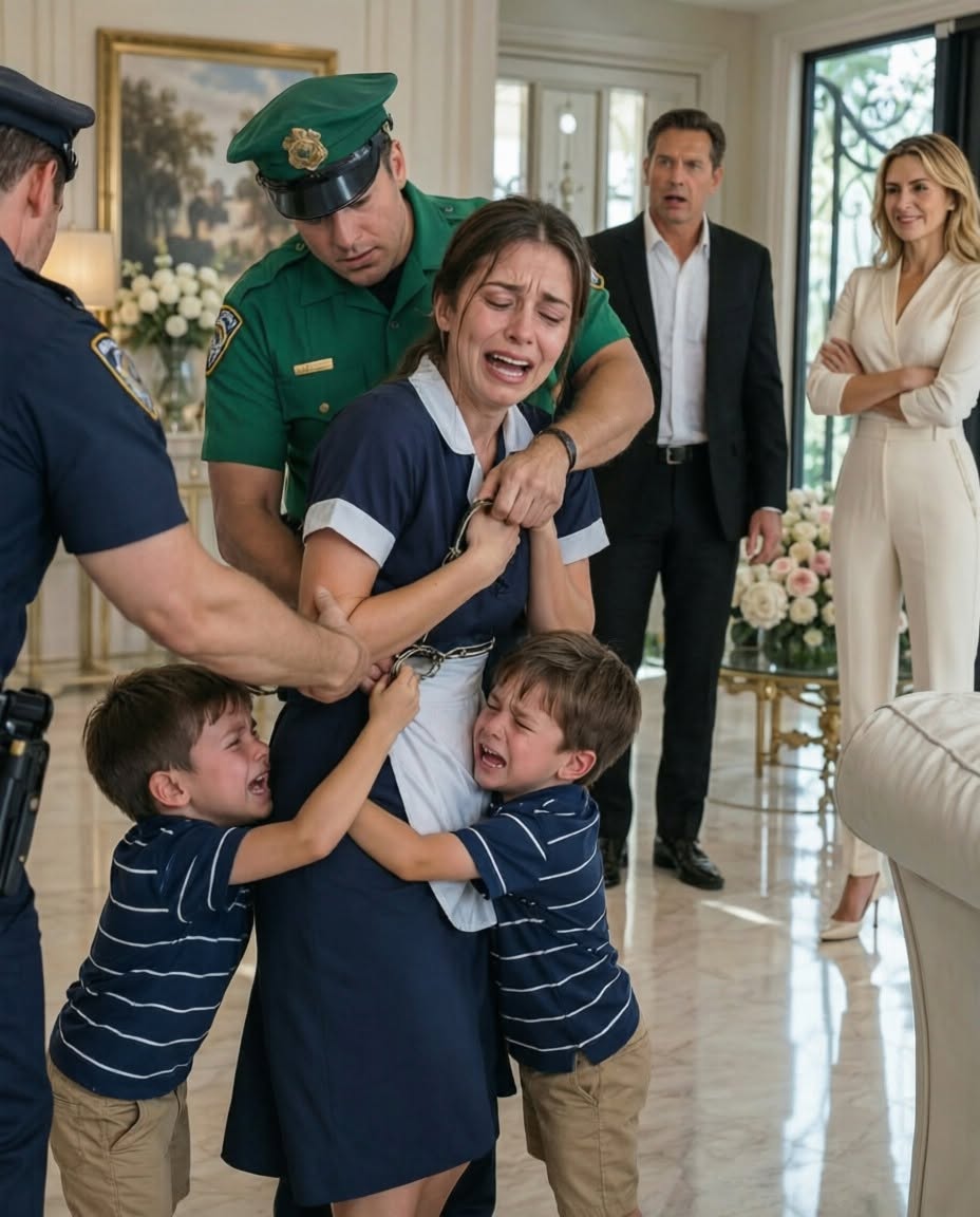 “She st0le from this family,” my wife smirked coldly as the officers pulled the sobbing woman toward the front door. My sons were terrified—but not because of the police. Later that evening, after the mansion finally fell silent, I made them hot chocolate hoping to calm them down. But in the middle of the night, one of my twins grabbed my sleeve with shaking hands and whispered something that completely destroyed everything I believed about my life...