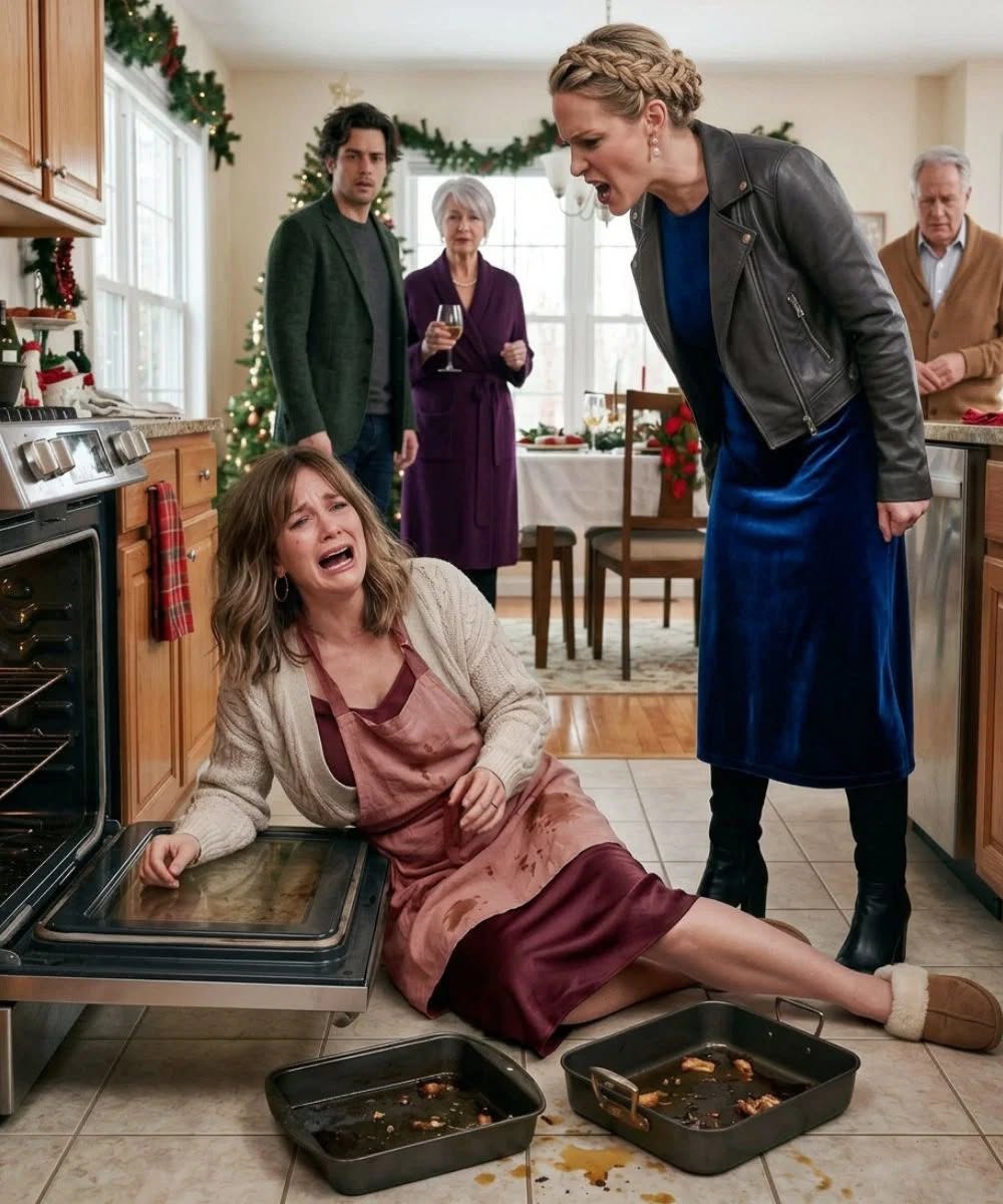 As I lifted the Christmas roast from the oven, my sister-in-law suddenly pushed me. The hot oil spilled across my legs, and I collapsed onto the kitchen floor in sh0ck. While I struggled to breathe through the pain, she leaned close and whispered that I had taken her brother from the family — and that this was my warning.