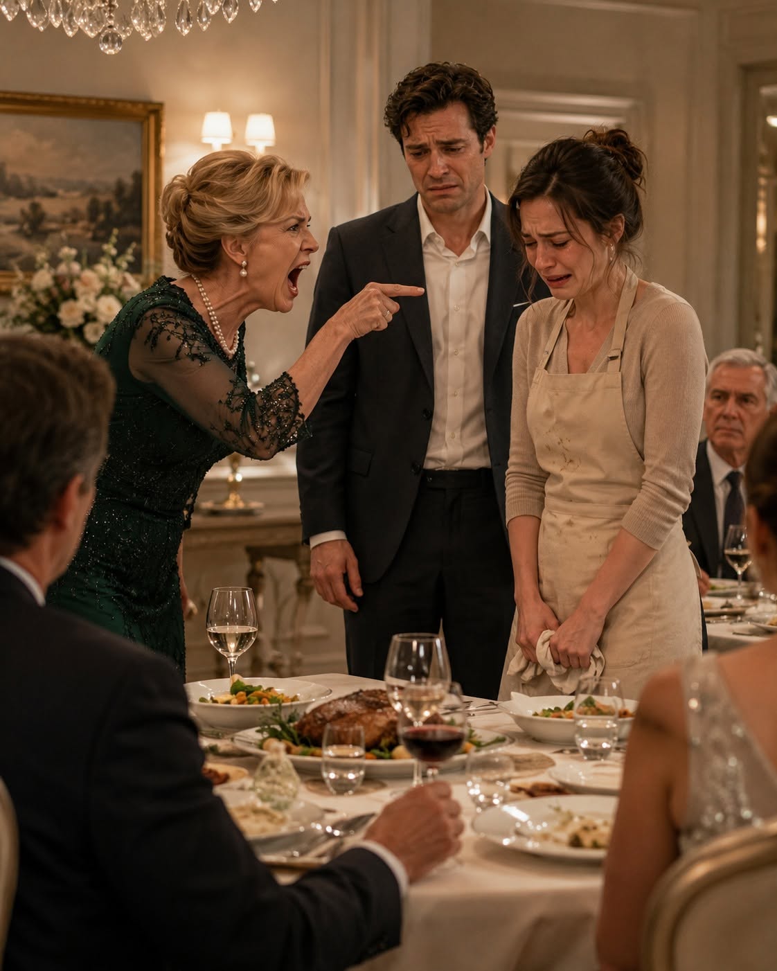 My wife spent twelve hours cooking a banquet to impress my boss, but when my mother sneered, “She can eat in the kitchen,” I stood there and let it happen. Hours later, our son was gone, the house was silent, and my wedding ring was waiting on the table beside a note that made my knees buckle.