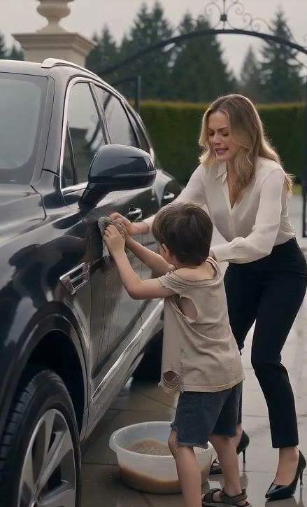 Millionaire Father Returned Early and Found His Seven-Year-Old Son Scrubbing a Luxury SUV in Rags—Then One Whisper About the Upstairs Room Exposed a Ruthless Family Conspiracy