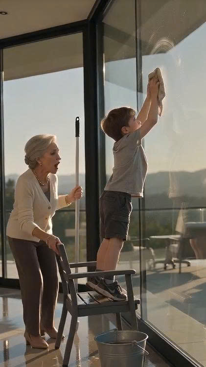 A Mother Came Home Early and Found Her Eight-Year-Old Son Scrubbing Mansion Windows—Then His Terrified Whisper About Grandma’s Locked Upstairs Room Exposed a Family Empire Built on Lies