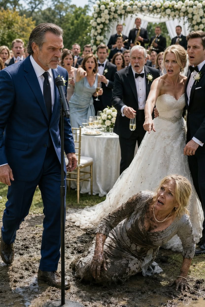 When my new daughter-in-law shoved my wife into the mud, everyone expected me to stay silent—but what I said into the microphone ended the wedding in less than sixty seconds.