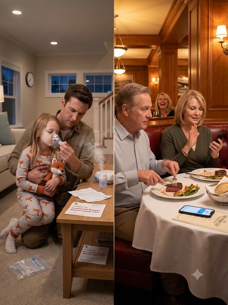 When I got home from work, my 6-year-old daughter Laya was curled in my arms, wheezing so hard her little fox pajamas moved with every shallow breath. My parents were supposed to pick up the medication her doctor marked “immediate danger” if missed. Instead, they went to a steakhouse with relatives and told me, “She’ll get over it.” I looked at the empty pharmacy bag on the counter and finally understood what kind of grandparents they were.