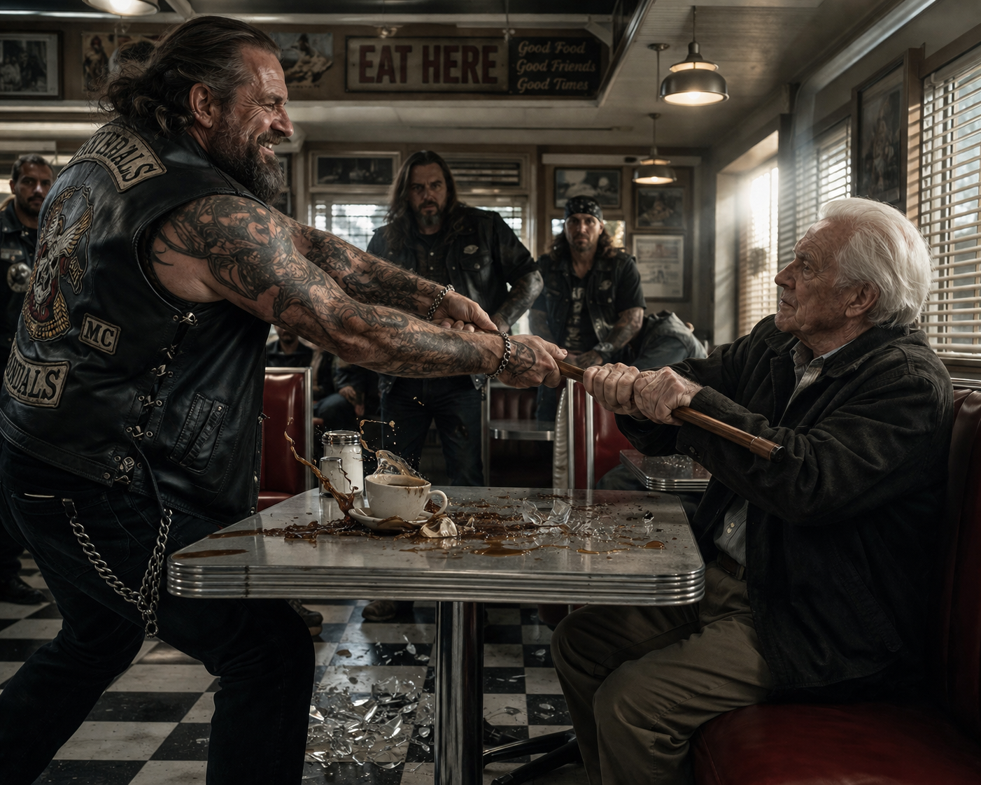 The bikers thought they had humiliated a helpless old man—until one sentence about a silver hawk patch made every armed agent in the diner stand at attention.