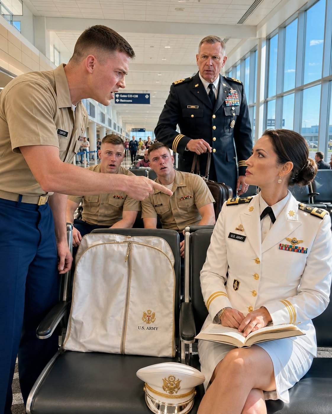 A young Marine laughed at my medals and called my Army uniform fake in front of an entire airport gate—then the general behind him quietly asked, “Do you have any idea who you’re talking to?”
