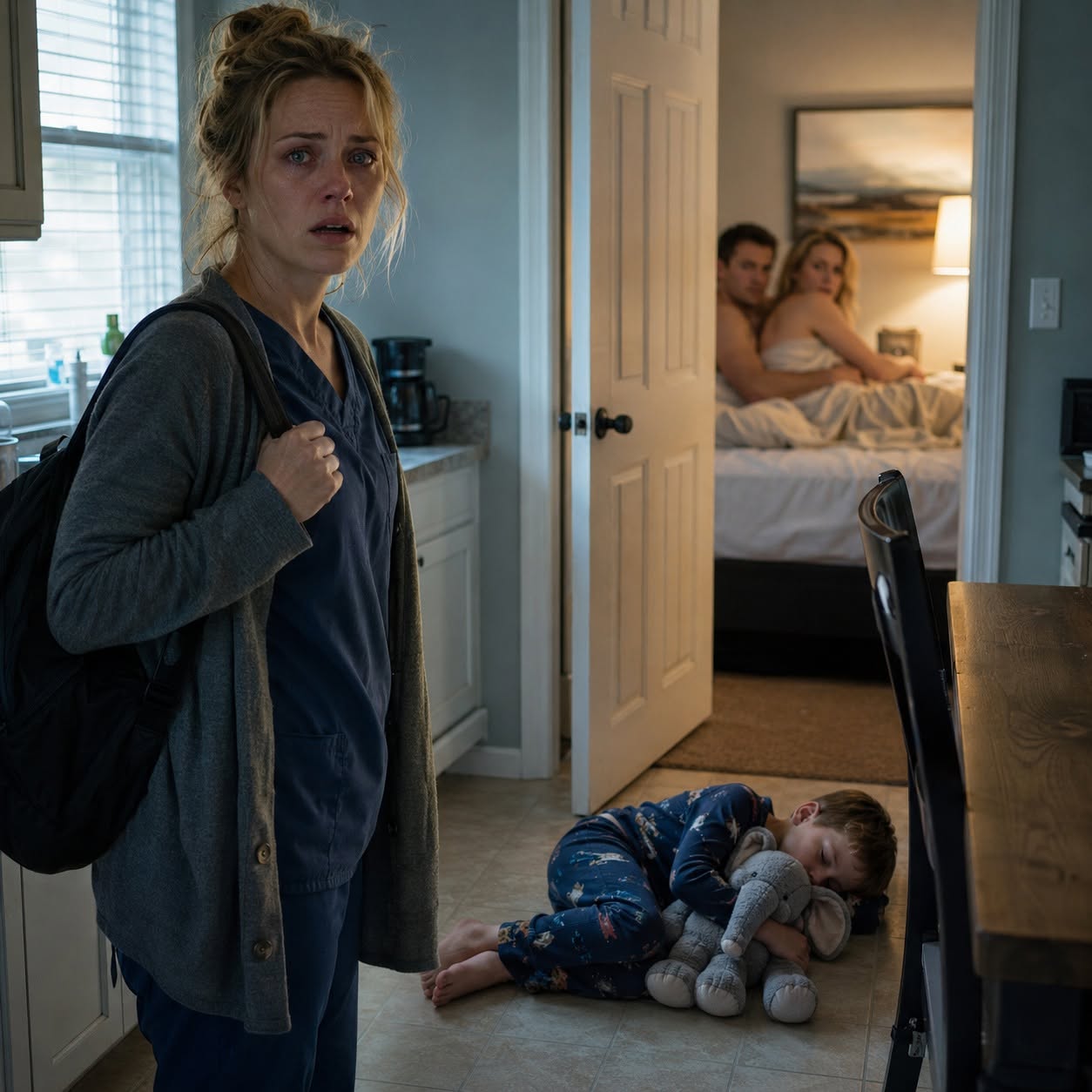 I came home from my night shift and found my husband in bed with my sister while our five-year-old son slept barefoot on the freezing kitchen floor—but what he whispered to me revealed their affair was only the beginning.