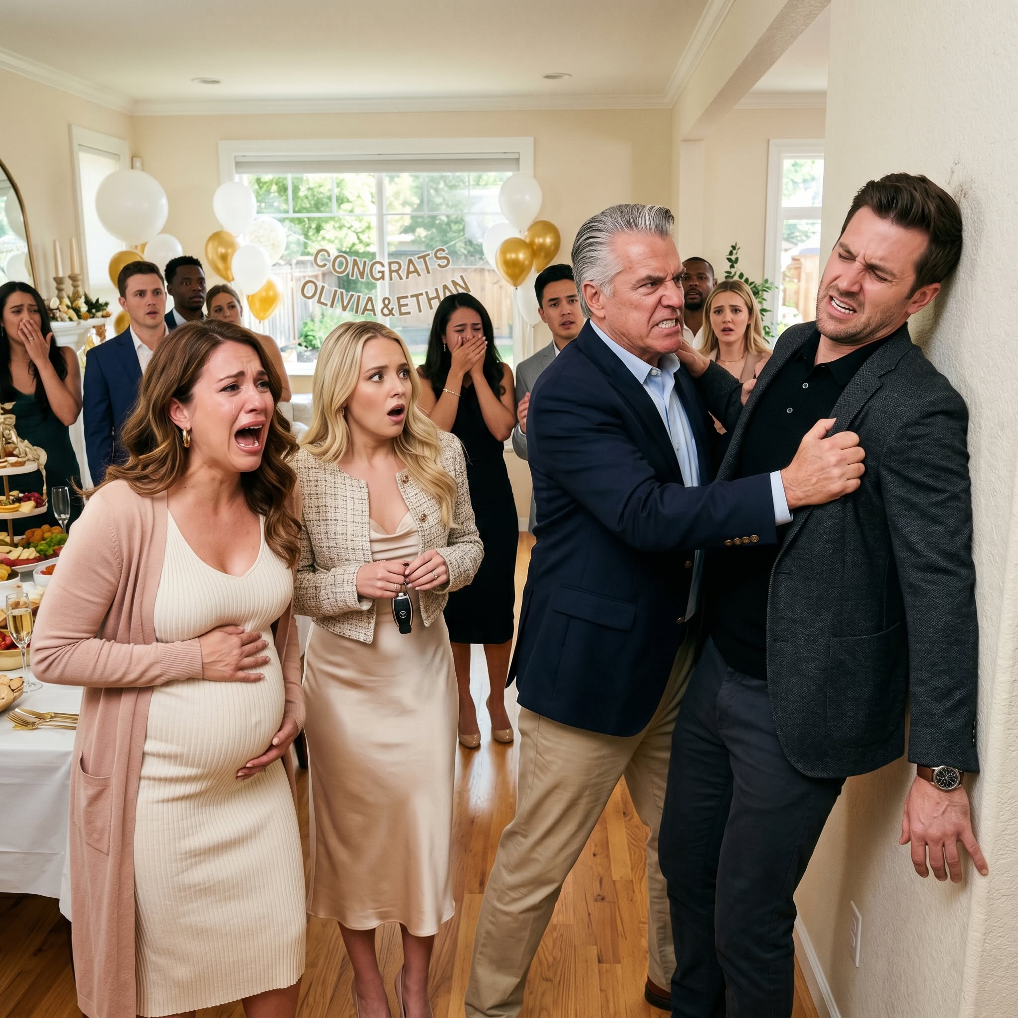 I  was 7 months pregnant at my brother’s engagement party when my dad handed my Mercedes keys to his fiancée like it was his gift to give. I demanded them back, but instead of apologizing, he shoved my husband into the wall in front of everyone. I called the police, and 20 minutes later, the room went silent.