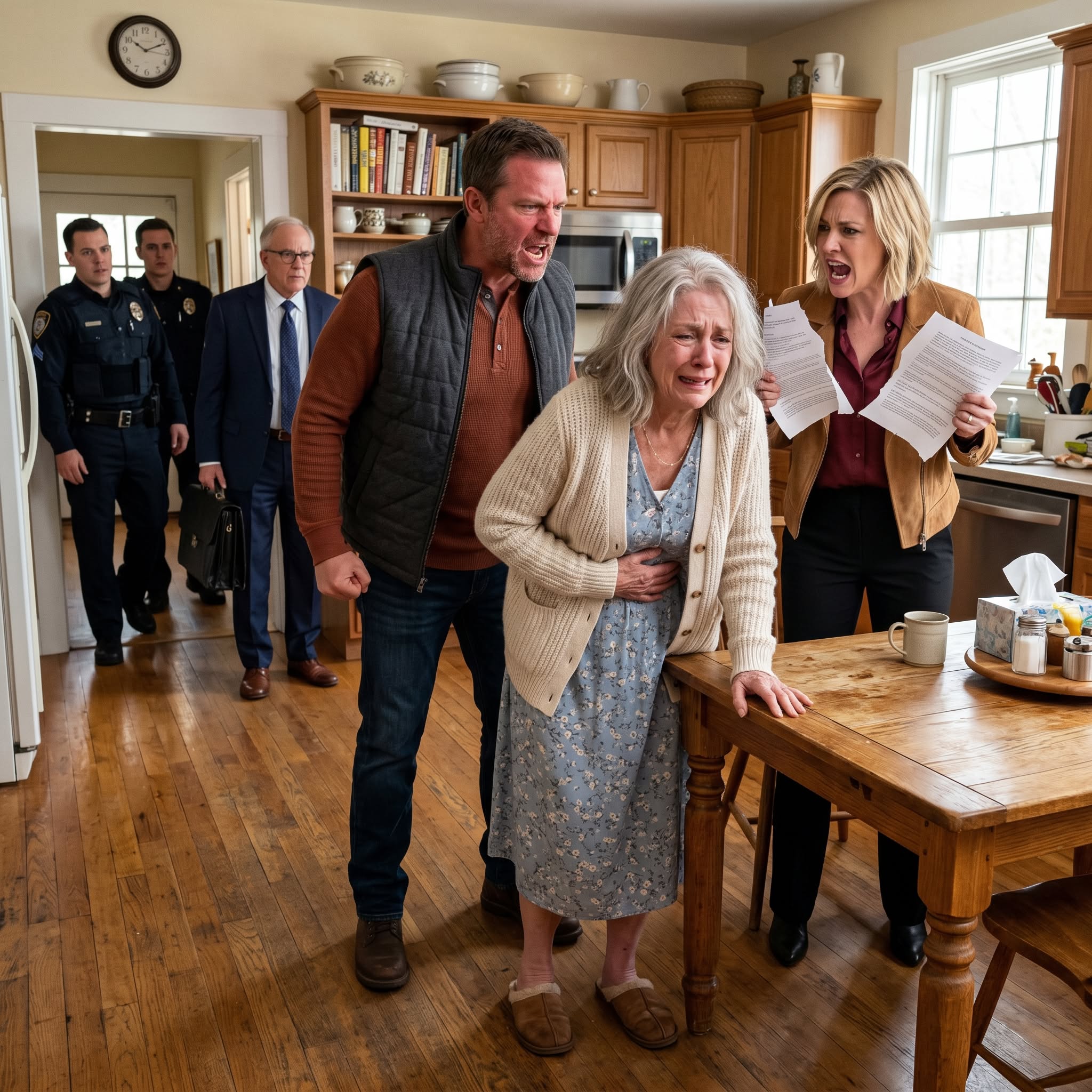 My daughter-in-law called me a selfish old woman when I said the farm money was for my retirement. Then my own son stormed in, shoved me into the kitchen table, and broke my ribs. As I lay on the floor gasping, he whispered that I should have listened—until the police arrived with my lawyer.