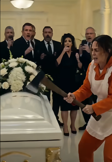 The axe slammed into the white coffin so hard the entire funeral room screamed.