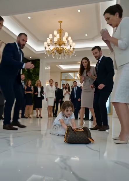 The little girl slid violently across the polished marble floor, both tiny hands wrapped around the strap of an expensive designer bag.