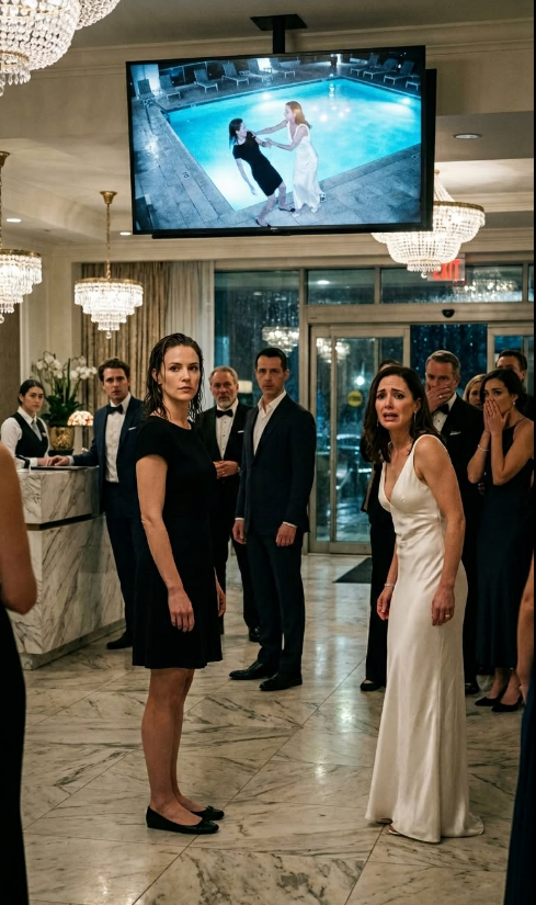 AN ELITE WOMAN SHOVED ME INTO THE POOL IN FRONT OF EVERYONE, AND THE ENTIRE PARTY LAUGHED. THEY ONLY WENT QUIET WHEN MY BILLIONAIRE HUSBAND SAW WHAT SHE HAD DONE.