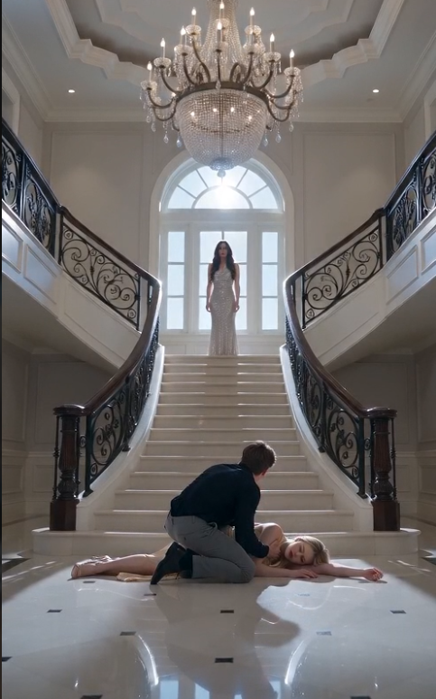 A woman with long brown hair wearing a sleeveless, shimmering silver dress pushes a blonde woman tumbling down the stairs.