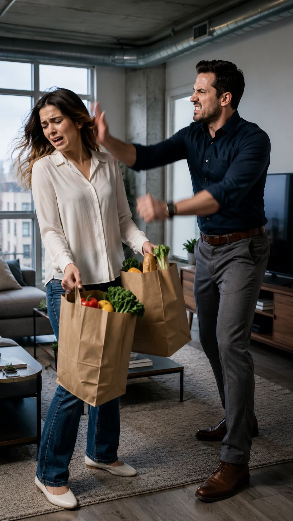 I was still holding the grocery bags when Ryan’s hand cracked across my face. “You think I don’t know where you were?” he shouted, his tie loose, his eyes burning. Lettuce rolled across the floor as I tasted blood and stared at the TV behind him—our wedding photo still glowing on the screen. I whispered, “Then you should know I wasn’t alone.” His face went pale when the doorbell rang.