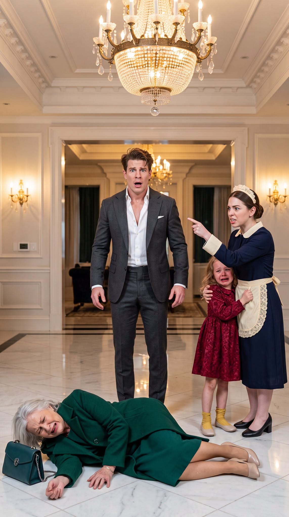 Part 2 : The first scream shattered the marble silence of the billionaire’s mansion. I froze at the bottom of the staircase, clutching my cleaning rag, as his fiancée leaned over his grandmother’s wheelchair with a smile too calm to be innocent. “You should’ve blessed this marriage,” she whispered. Then Grandma’s frail hand slipped from the rail. I saw everything—but when the fiancée turned and pointed at me, she screamed, “She pushed her!”