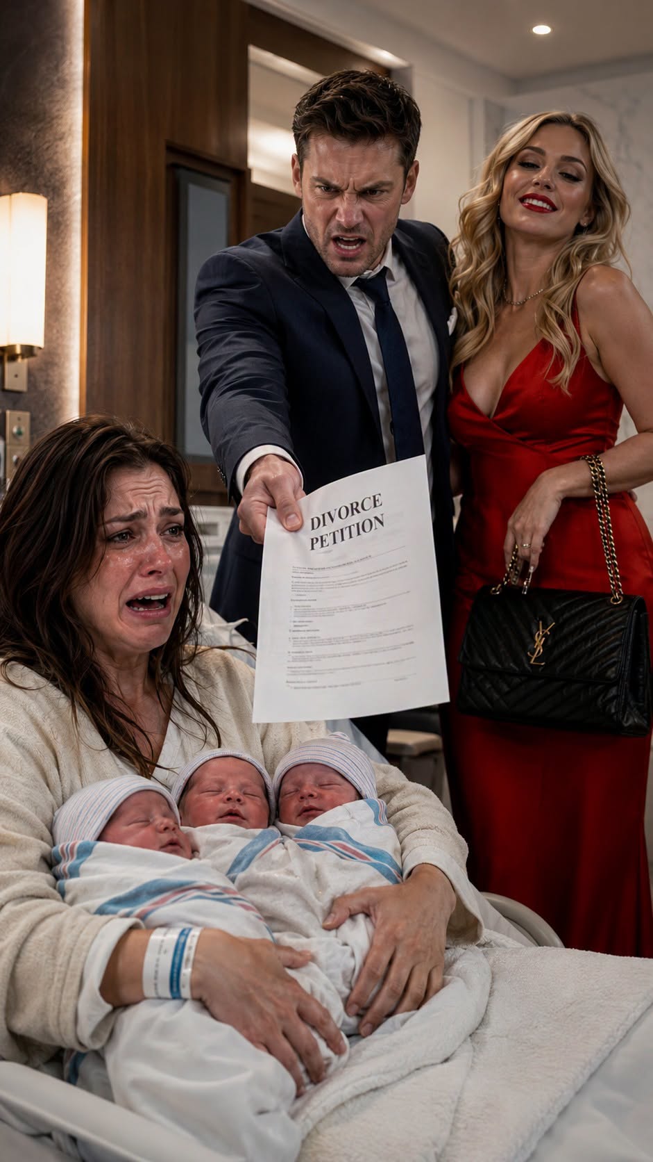Three hours after I gave birth to triplets, my husband showed up with his mistress and divorce papers—but the DNA results arriving seconds later shattered everything they thought they knew.