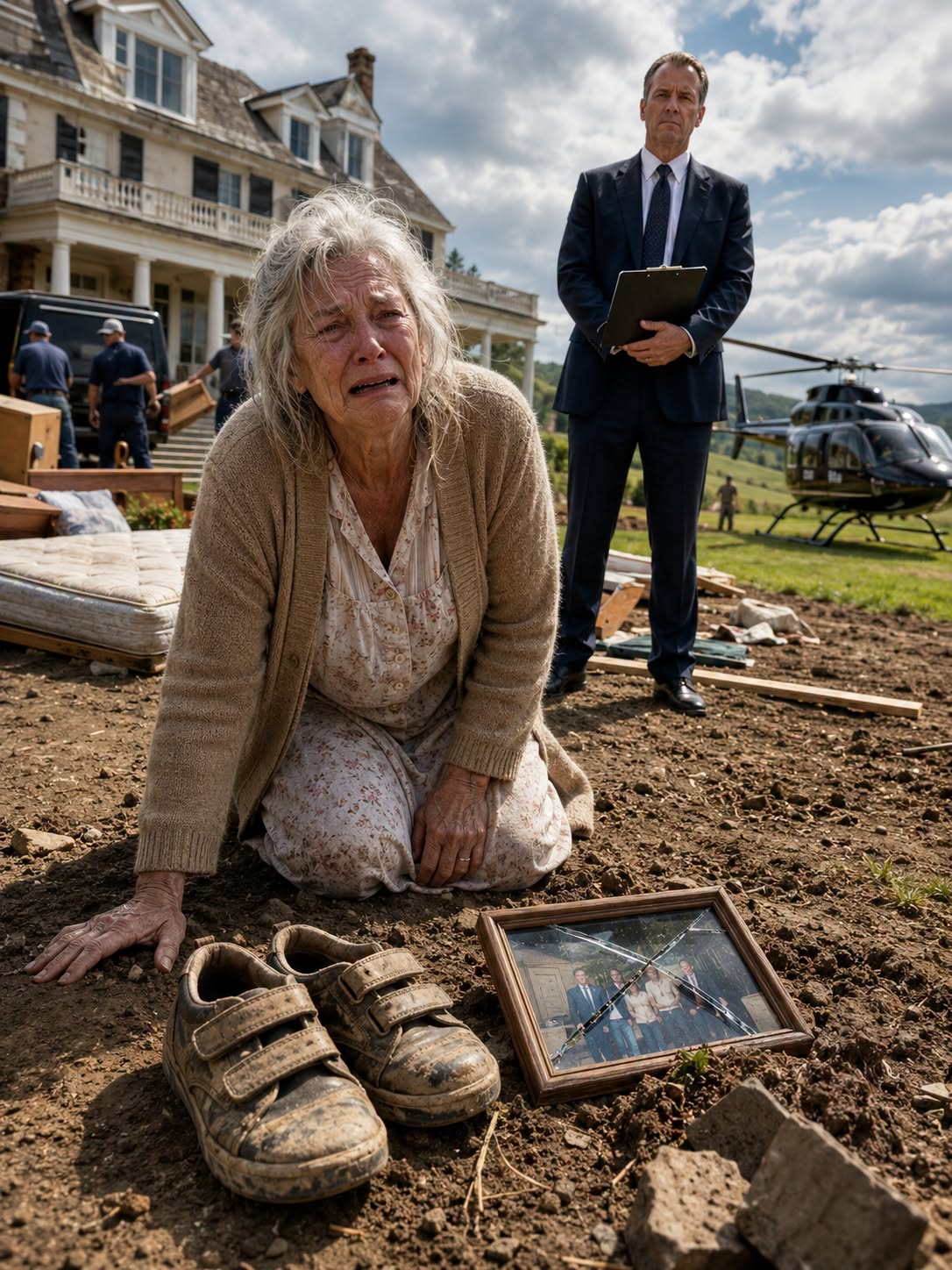 County Crews Dragged a 72-Year-Old Widow’s Bed Into the Dirt—Then a Helicopter Landed Beside the Shoes She’d Kept for Twenty Years