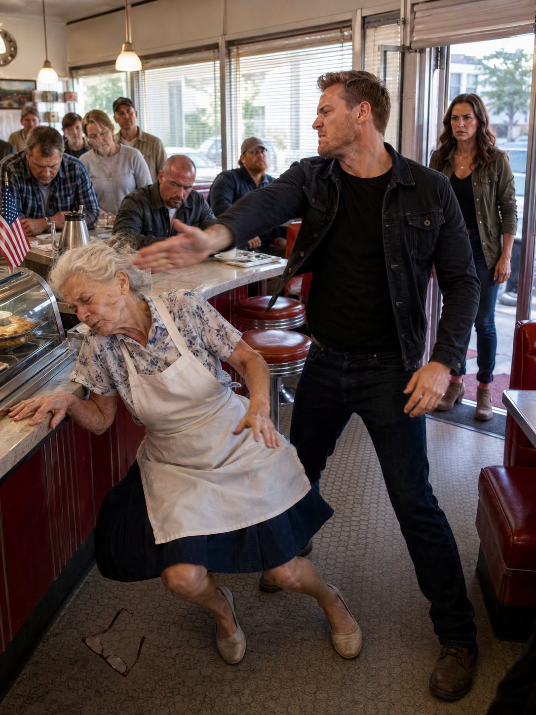 When a bully struck my 75-year-old mother in her North Carolina diner and warned he could do whatever he wanted, the regulars lowered their eyes and the sheriff called it a fall. I came home quietly, preserved the video he thought was incomplete, and waited beside the counter—until two black SUVs stopped outside and an officer entered using a rank no one knew I held.