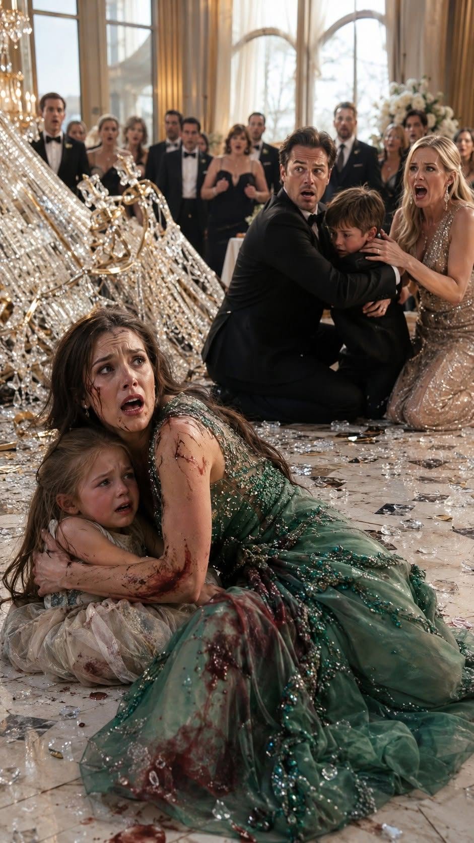 Chandelier crashing down—he dove to save his first love's son, letting it hurtle toward our daughter. I shielded her desperately. She touched my face: "Mommy, let's leave daddy behind."