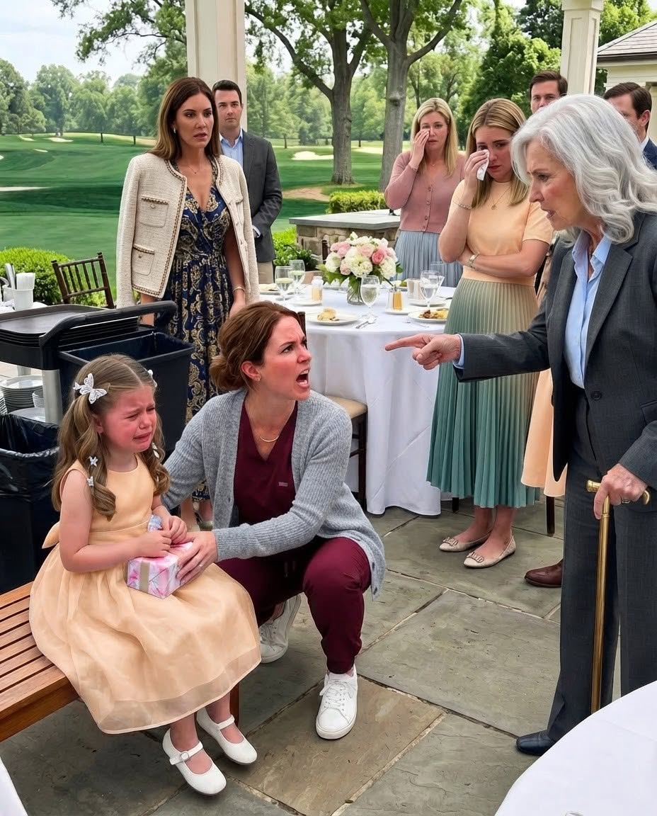 At my cousin’s party, my 7-year-old daughter was mocked for being “poor” and having a “lowly nurse” as her mom. They forced her to sit beside the trash while everyone laughed. Then my husband’s wealthy grandmother found out and made one announcement that drained every face in the room.
