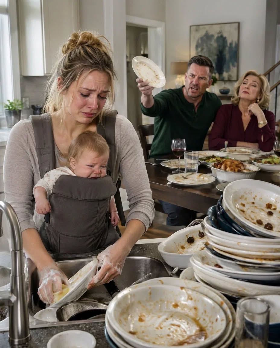 When I arrived at my daughter’s house, she was holding her crying baby with one arm while washing a mountain of dishes with the other. Her husband and mother-in-law relaxed at the dinner table like royalty. “Move faster,” he snapped. “Bring us more food!” My daughter lowered her eyes, trembling. I quietly took out my phone and called one person. They kept laughing—unaware that before dessert, everything they owned could be taken away.