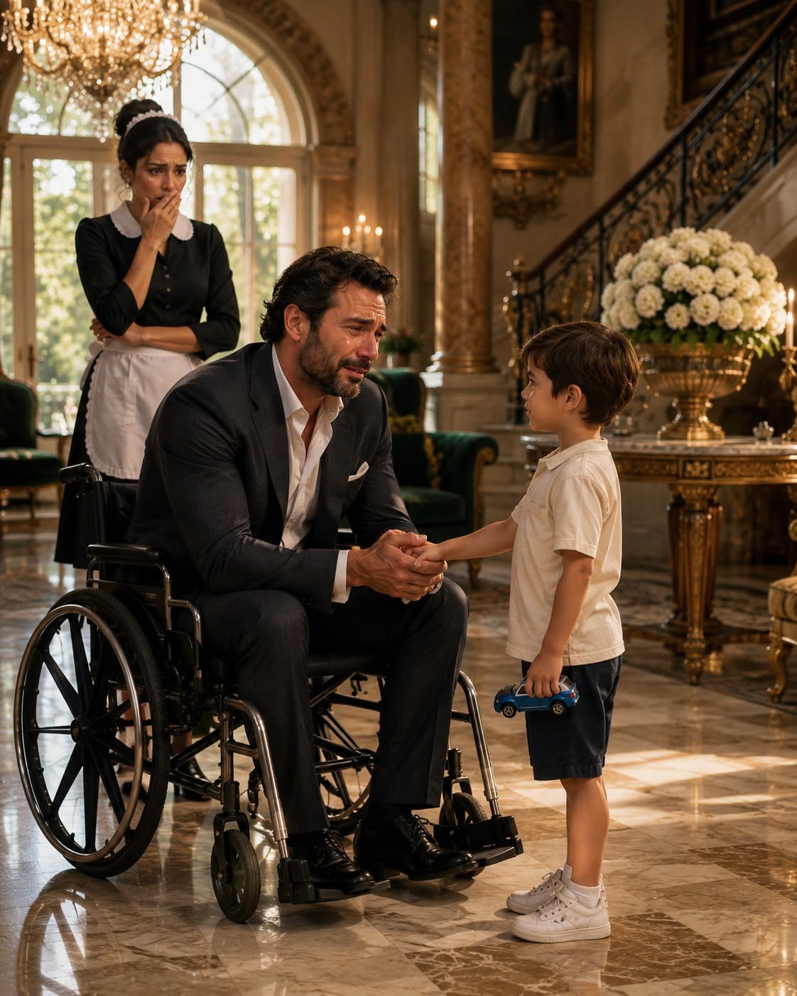 A billionaire fell to his knees in front of my six-year-old son, sobbing as he promised to leave the boy his entire fortune if he would stay and save him. While everyone believed my son was about to become the heir to an unimaginable fortune, the only thing he asked for was the truth—and his answer uncovered a secret that left the entire mansion in stunned silence.