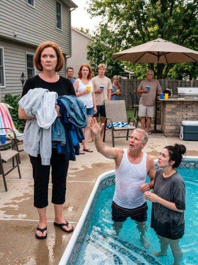 "At 5:42 p.m., I found my husband in our $18,000 backyard pool with the neighbor who showed up every Tuesday pretending to borrow sugar. He whispered, “Don’t make a scene.” So I picked up their clothes, pressed one button, and let the whole subdivision hear the truth.