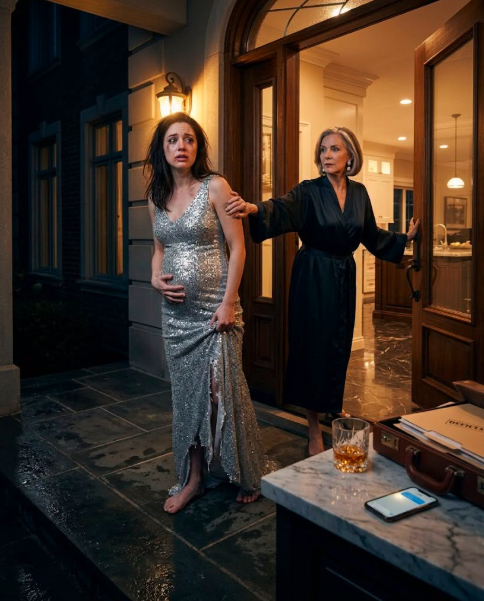 My daughter hit my porch at midnight barefoot and bruised, one hand braced under her pregnant belly, the hem of her torn designer dress dragging across the stone. Her lip was split. Her mascara had run down her face like smoke.