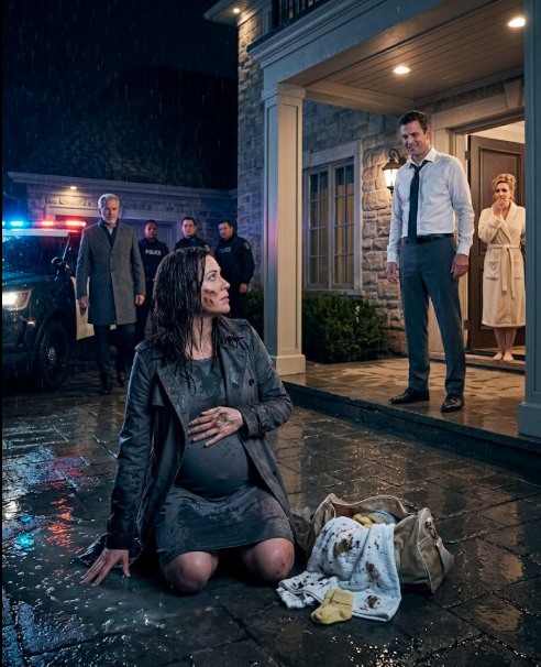 Gasping in the freezing rain, nine months pregnant, I hit the mud so hard I tasted dirt and blood. My husband stood above me under the porch light, silk tie straight, while my hospital bag burst open beside me and our baby’s white blanket soaked brown in the puddle.