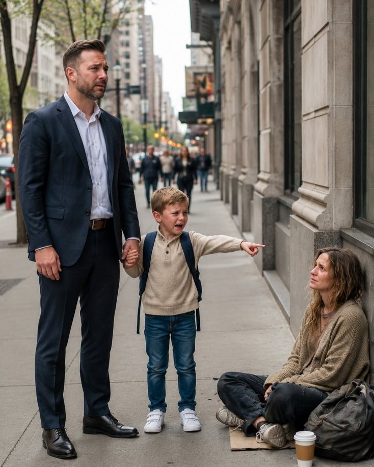 I froze in the middle of a crowded street when my eight-year-old son grabbed my hand and whispered, “Dad… that’s Mom.” Three years after I buried my wife, a homeless woman looked up from a piece of cardboard—and five quiet words from her lips shattered everything I believed about her death.