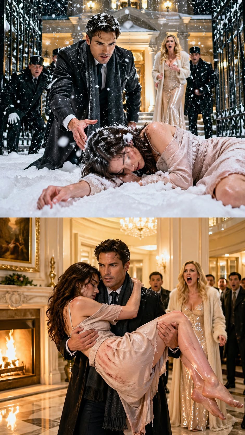 I never thought I’d see my ex-wife like this again. She was lying outside the mansion gate, curled in the snow, whispering, “I had nowhere else to go…” My security froze when I rushed toward her. Then I did something no one expected—I carried her inside, even as my fiancée screamed, “Have you lost your mind?” But what I discovered beneath the frost changed everything…