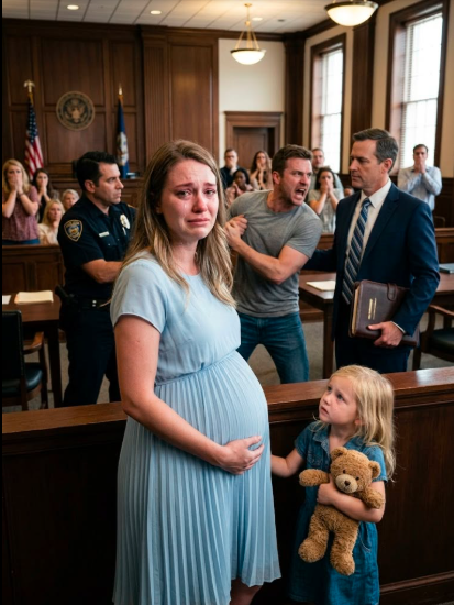 Eight months pregnant, I stood in divorce court and gave my husband the house, cars, money, and business shares because I thought surrendering everything was the only way to protect my unborn baby—but when his terrified 6-year-old daughter walked in with a teddy bear recorder, the bruise, blackmail, forged documents, stolen trust fund, and Grace’s hidden plan exposed the monster he had been behind every polished lie.