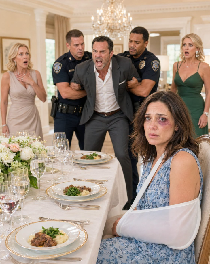 At the family dinner, I sat there with my broken arm, unable to even eat. My MIL said, “My son taught her a lesson.” And his sister boasted, “She thought she was in charge.” I only smiled. Thirty minutes later, the doorbell rang, and he learned who truly controls this place.