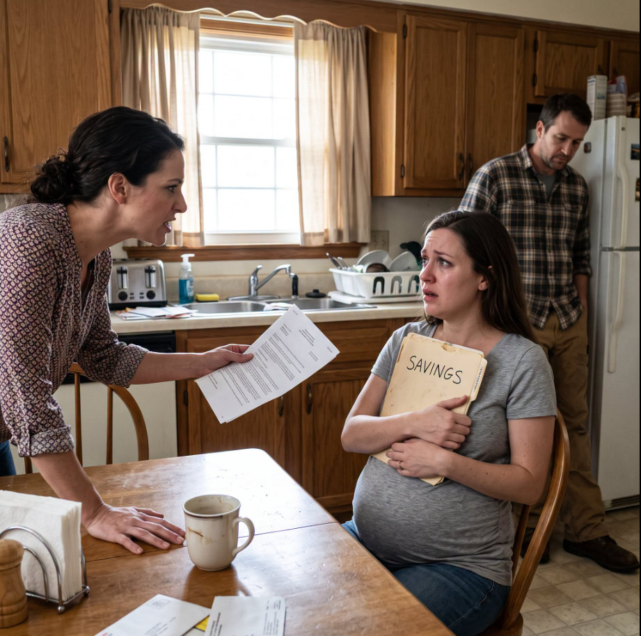 At eight months pregnant, I sat frozen as my sister-in-law hit the kitchen table and threatened to make sure my children never received a dime unless I handed over the money. My husband stayed silent behind her while I clutched the savings folder to my belly and said it belonged to our children. Then she smiled and showed me the document that changed everything.