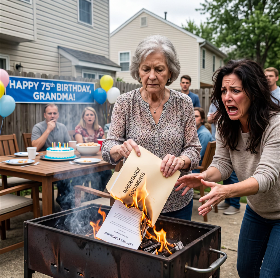 I only wanted a peaceful birthday barbecue in the backyard my late husband and I had built into a home over thirty-eight years. Before the candles were lit, my children circled me, demanding the inheritance they believed I owed them. I looked at their greedy faces, held up the folder, and quietly said no before tossing the papers into the flames. They screamed, but they had no idea what I had burned first.