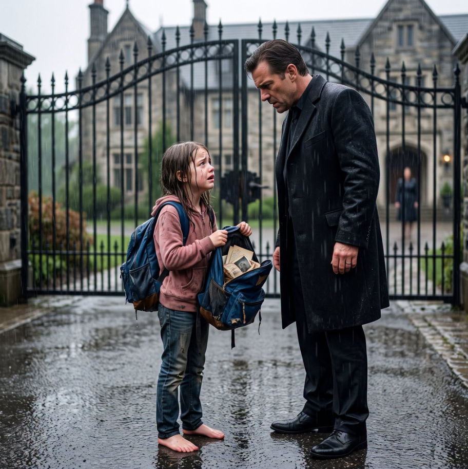 At eight years old, I ran barefoot through the rain while my stepmother screamed after me and called me a thief. I kept running until I slammed into a cold stranger standing outside a locked mansion gate, and he told me he did not take in family. Then I opened my torn backpack and showed him the secret I had been protecting.