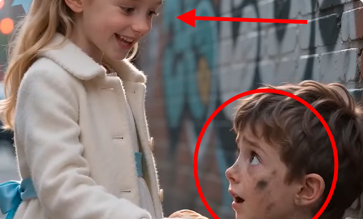 "The little girl saw him sitting alone against the brick wall.
