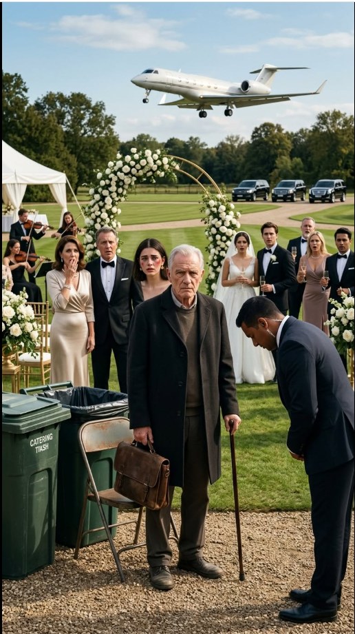 My grandfather flew six hours to be at my brother’s wedding—but my parents seated him behind the trash cans. My mother whispered, “That old beggar is going to humiliate us.” When I defended him, she slapped me and threw me out. Twenty minutes later, his private jet touched down.