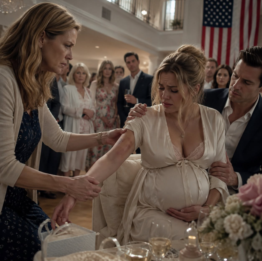 At my daughter’s lavish baby shower, she sat there like she was the one who had done something wrong, while her husband kept his hand on her back in front of everyone… but when I pulled up her sleeve, that perfect house started rotting from the inside.