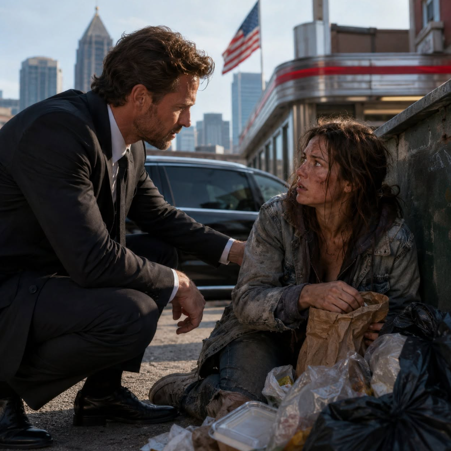 In the middle of an Atlanta afternoon, the millionaire slammed on his brakes when he saw a woman digging through the trash behind a diner — but when she lifted her face, her eyes dragged him back to a chilling promise from 22 years ago.