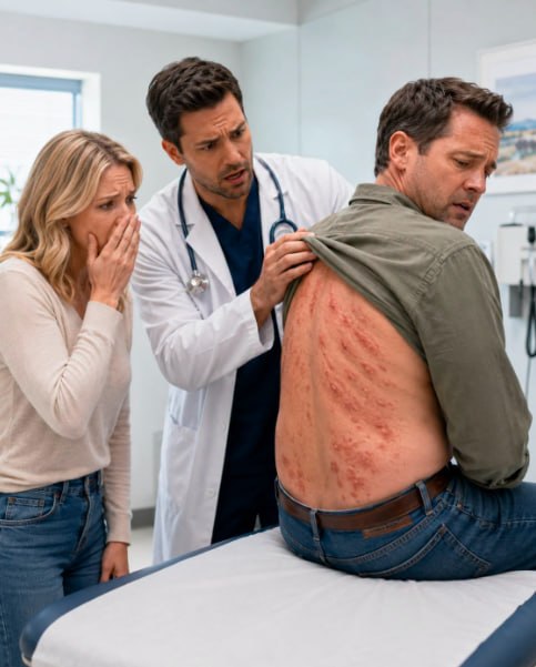 I went completely still when I saw them—scores of tiny red bumps scattered across my husband’s back, grouped as though something had been placed there. “It’s probably just a rash,” he mumbled, forcing a weak laugh. But my stomach tightened. At the clinic, the doctor bent closer, then became oddly motionless. His mouth opened slightly, the color fading from his face. In a low voice, he said, “Do not go home. Call the police. Right now.”
