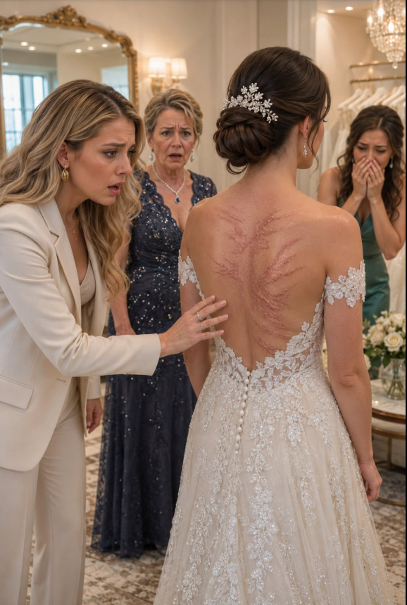 At the bridal boutique, my younger sister stepped out wearing her wedding gown. But when the seamstress eased the zipper down, my heart froze. Fresh dark bruises covered her back.