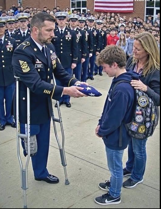 A boy missed his flight because he had to attend a memorial service for a wounded soldier. The next morning, his school fell silent as dozens of SEALs arrived with a flag and a pledge of allegiance.